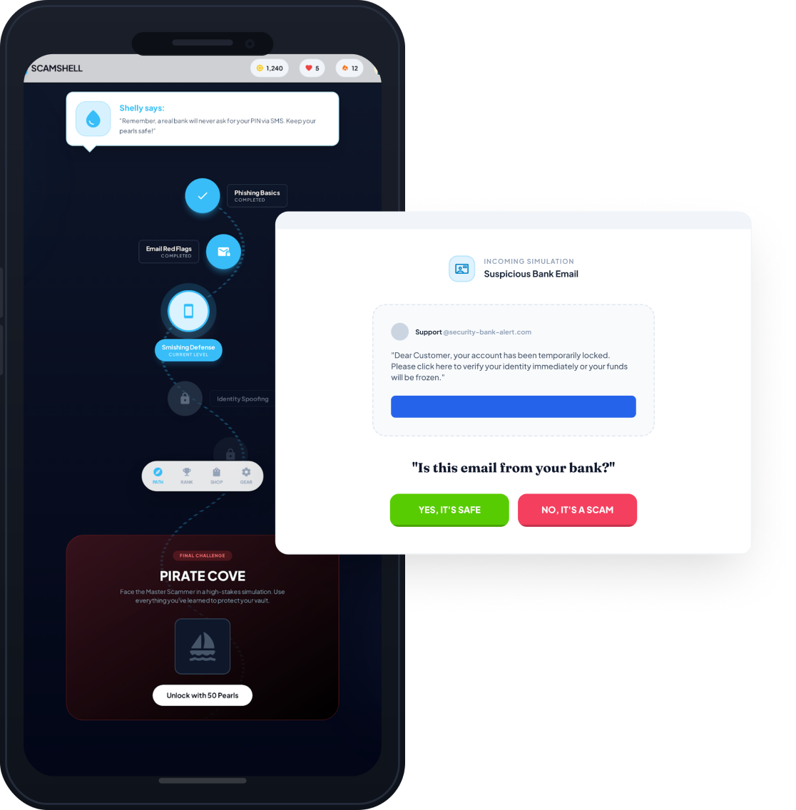 Scamshell app showing a scam detection challenge
